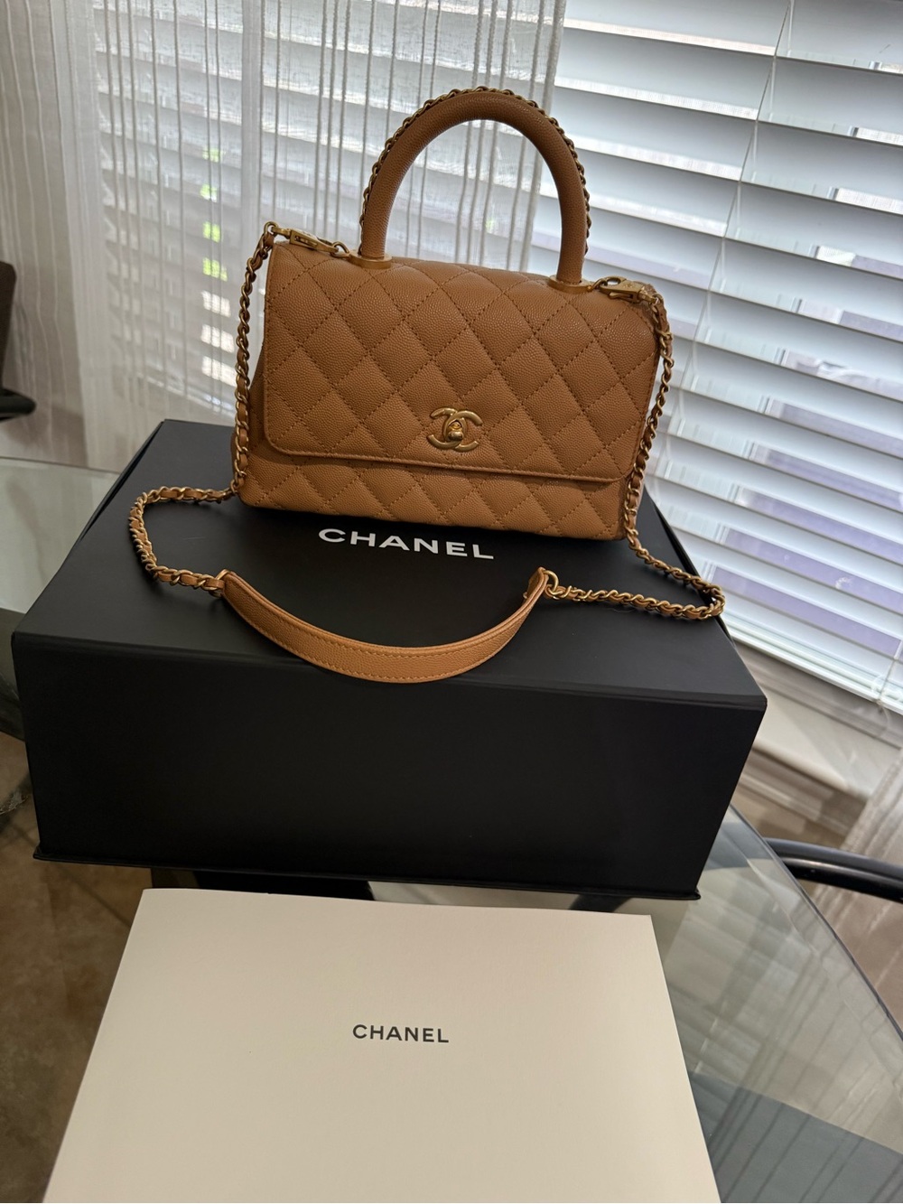 CHANEL Quilted Top Handle Flap Bag in Camel Brown with Gold Hardware